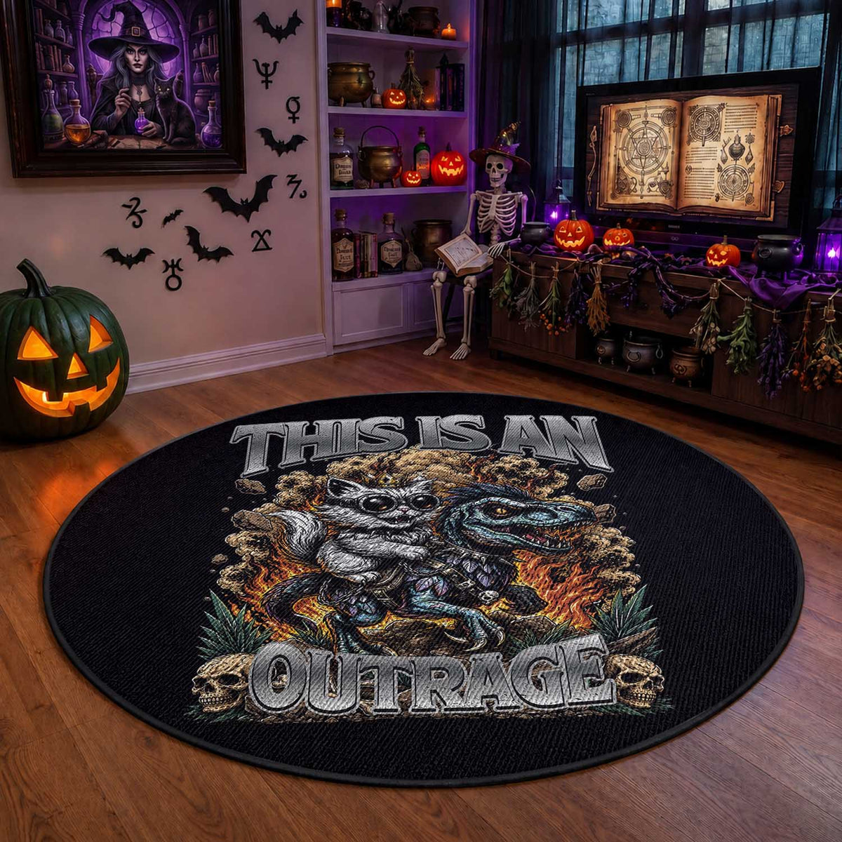 Gothic This Is An Outrage Princess Cat Riding Dinosaur Round Rug Fantasy Reader Gift