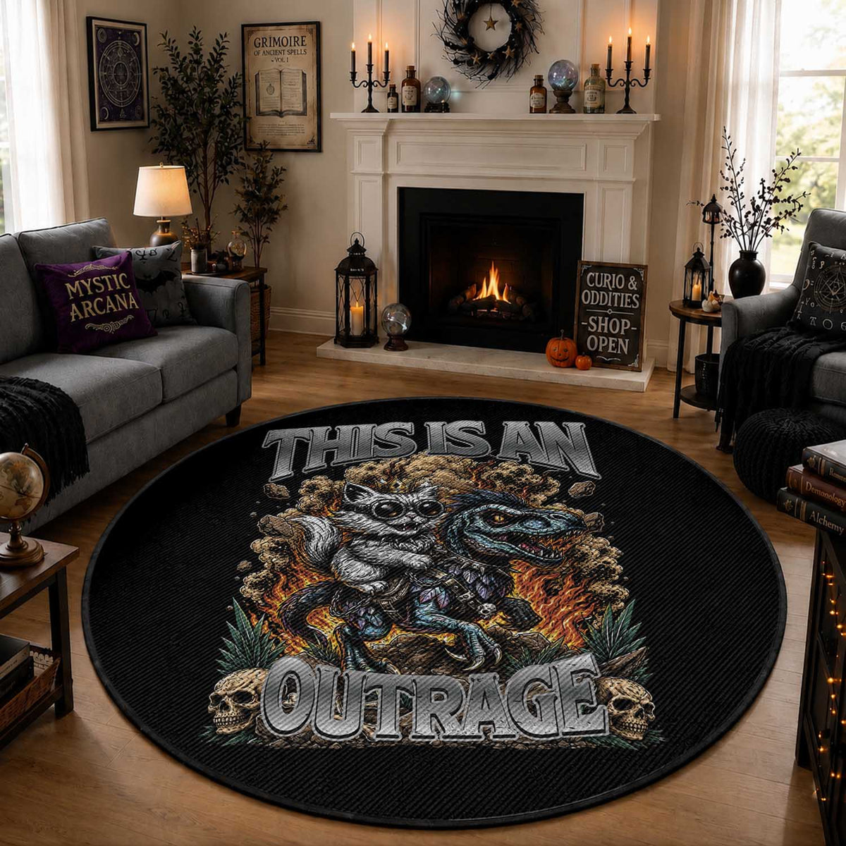 Gothic This Is An Outrage Princess Cat Riding Dinosaur Round Rug Fantasy Reader Gift