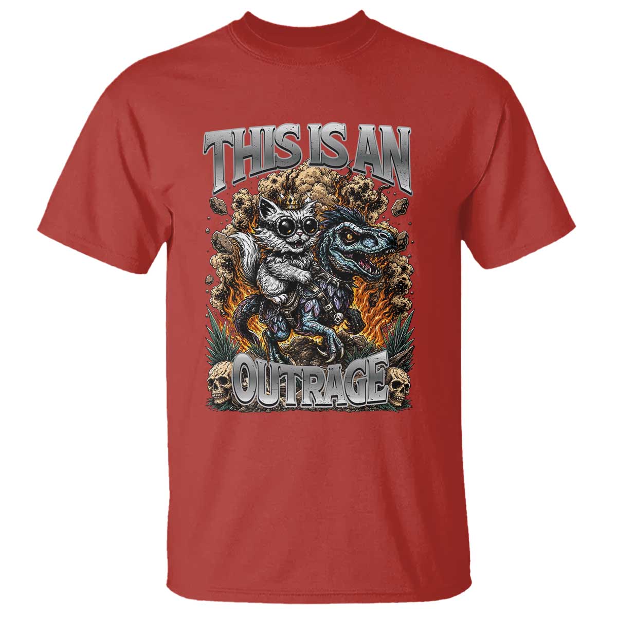 Gothic This Is An Outrage Princess Cat Riding Dinosaur T Shirt Fantasy Reader Gift