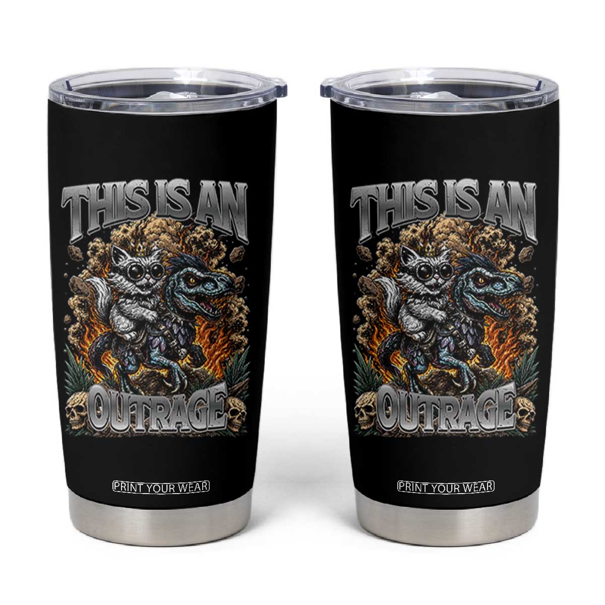 Gothic This Is An Outrage Princess Cat Riding Dinosaur Tumbler Cup Fantasy Reader Gift