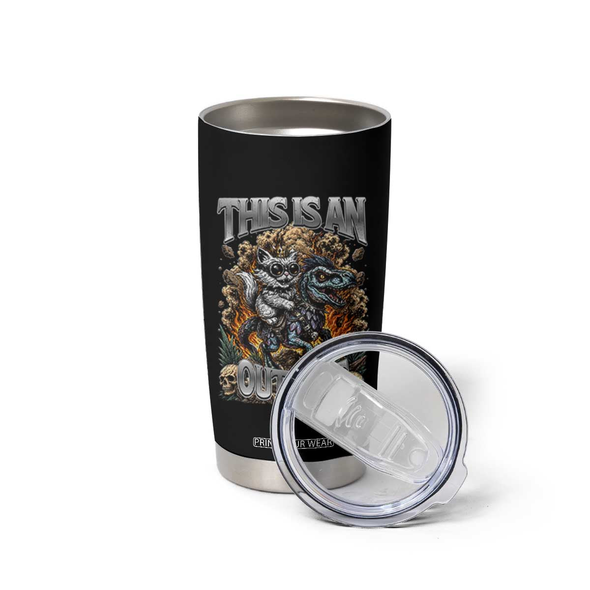 Gothic This Is An Outrage Princess Cat Riding Dinosaur Tumbler Cup Fantasy Reader Gift