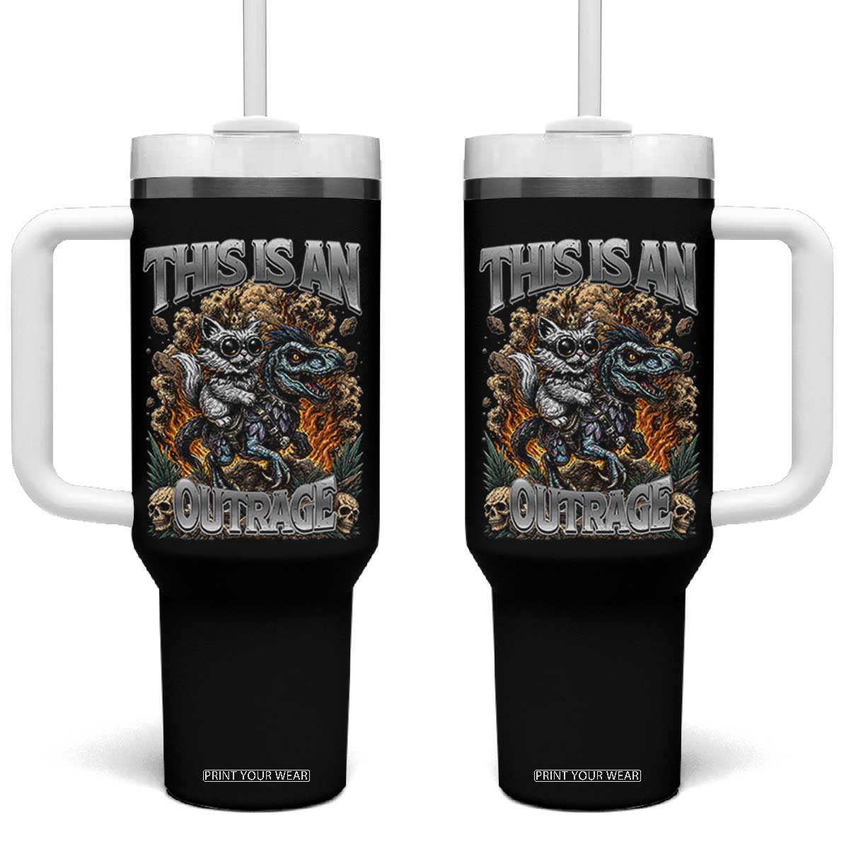 Gothic This Is An Outrage Princess Cat Riding Dinosaur Tumbler With Handle Fantasy Reader Gift