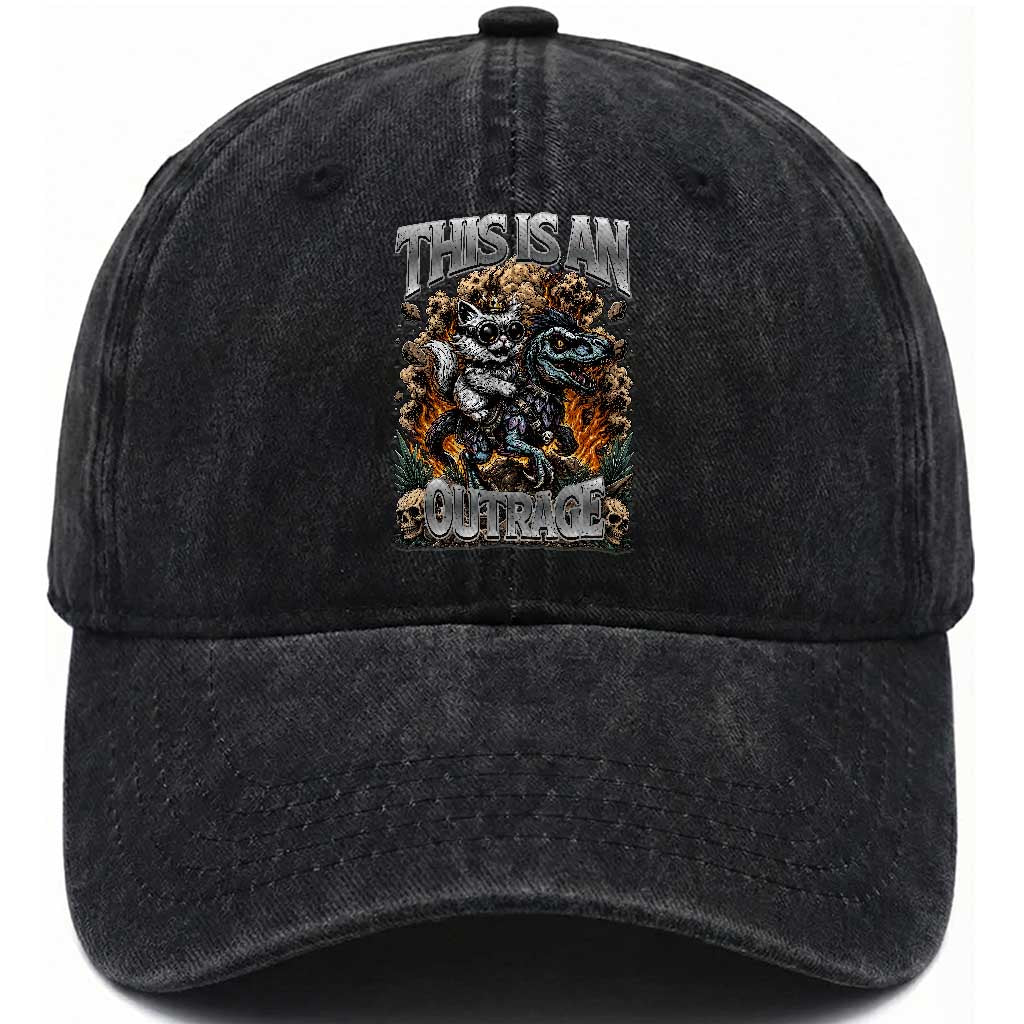 Gothic This Is An Outrage Princess Cat Riding Dinosaur Washed Cotton Baseball Cap Fantasy Reader Gift