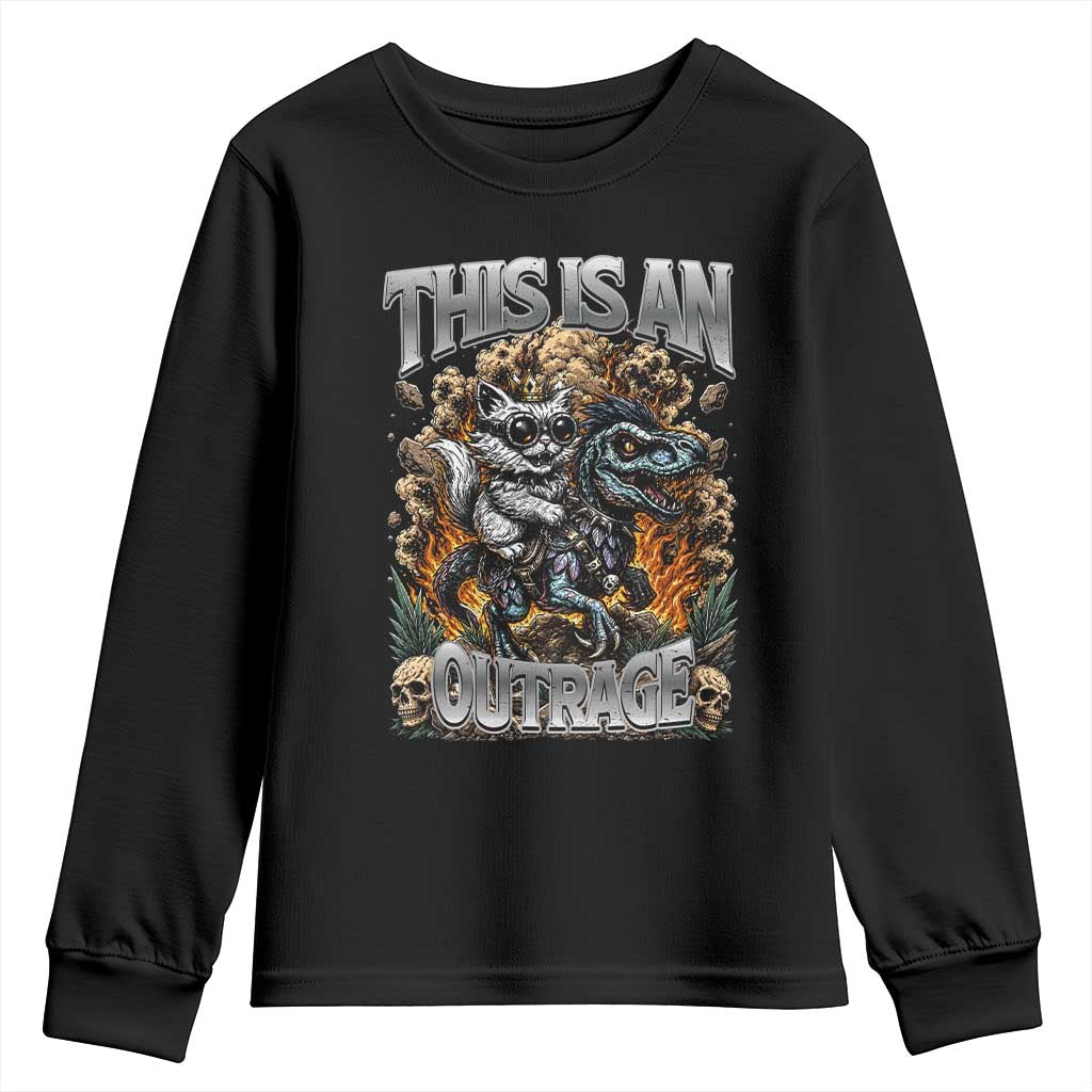 Gothic This Is An Outrage Princess Cat Riding Dinosaur Youth Sweatshirt Fantasy Reader Gift