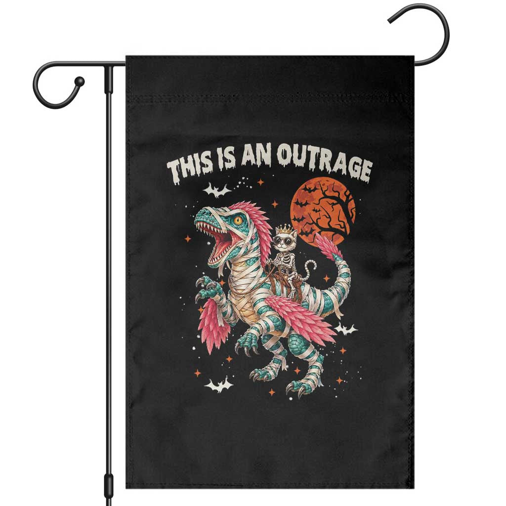 This Is An Outrage Garden Flag Funny Halloween Skeleton Princess Cat Riding Mummy Dinosaur