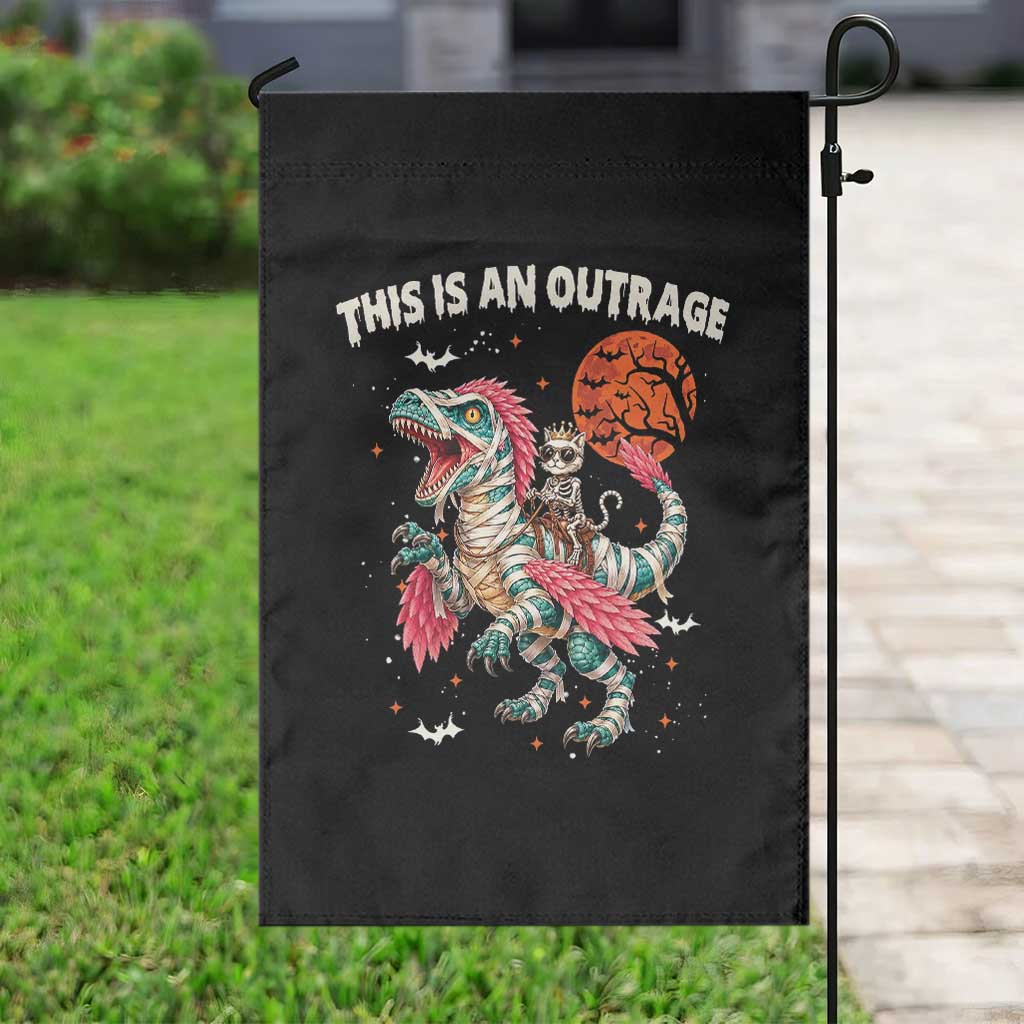 This Is An Outrage Garden Flag Funny Halloween Skeleton Princess Cat Riding Mummy Dinosaur