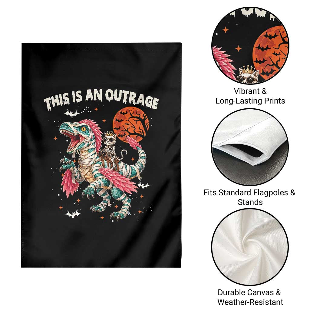 This Is An Outrage Garden Flag Funny Halloween Skeleton Princess Cat Riding Mummy Dinosaur
