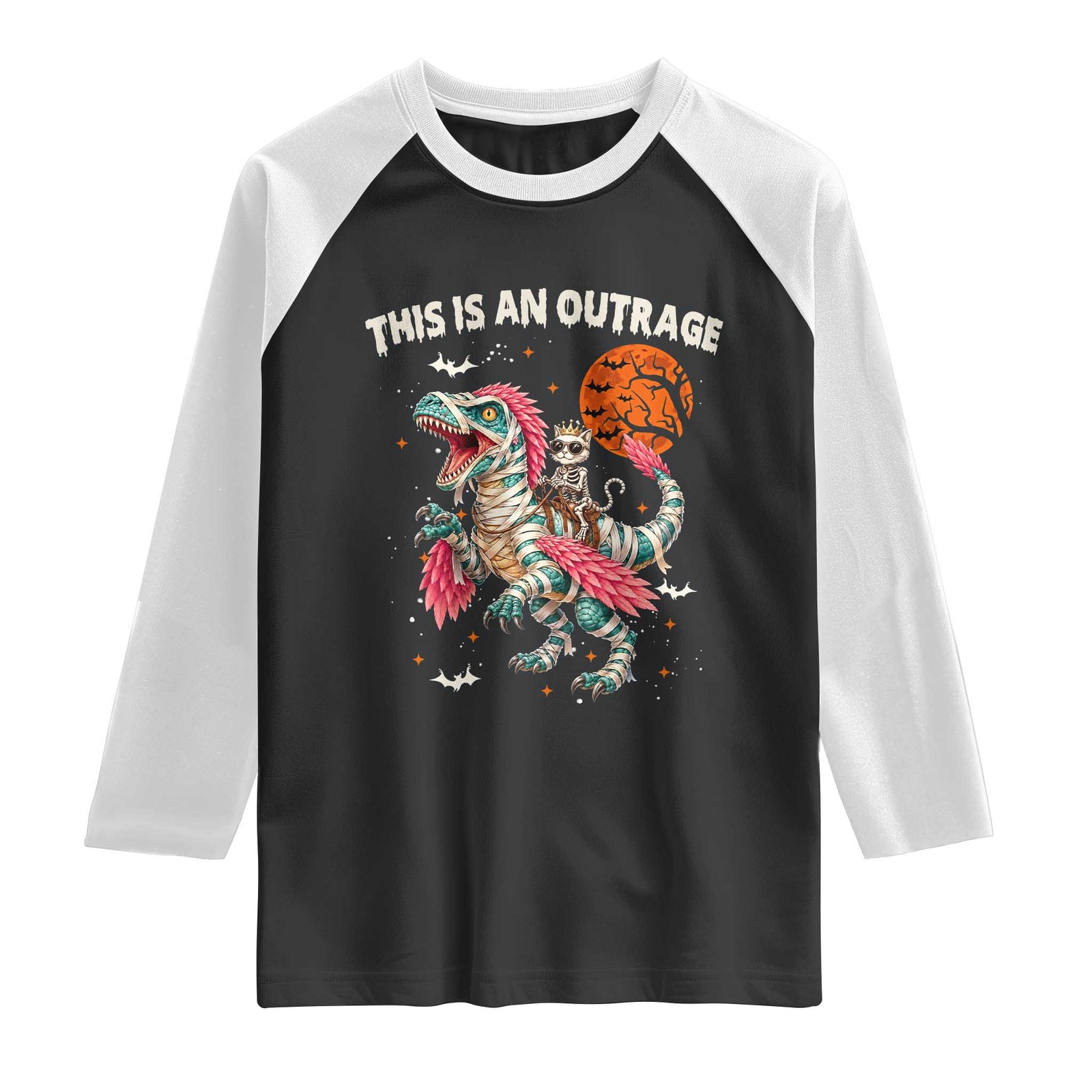 This Is An Outrage Raglan Shirt Funny Halloween Skeleton Princess Cat Riding Mummy Dinosaur