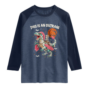 This Is An Outrage Raglan Shirt Funny Halloween Skeleton Princess Cat Riding Mummy Dinosaur