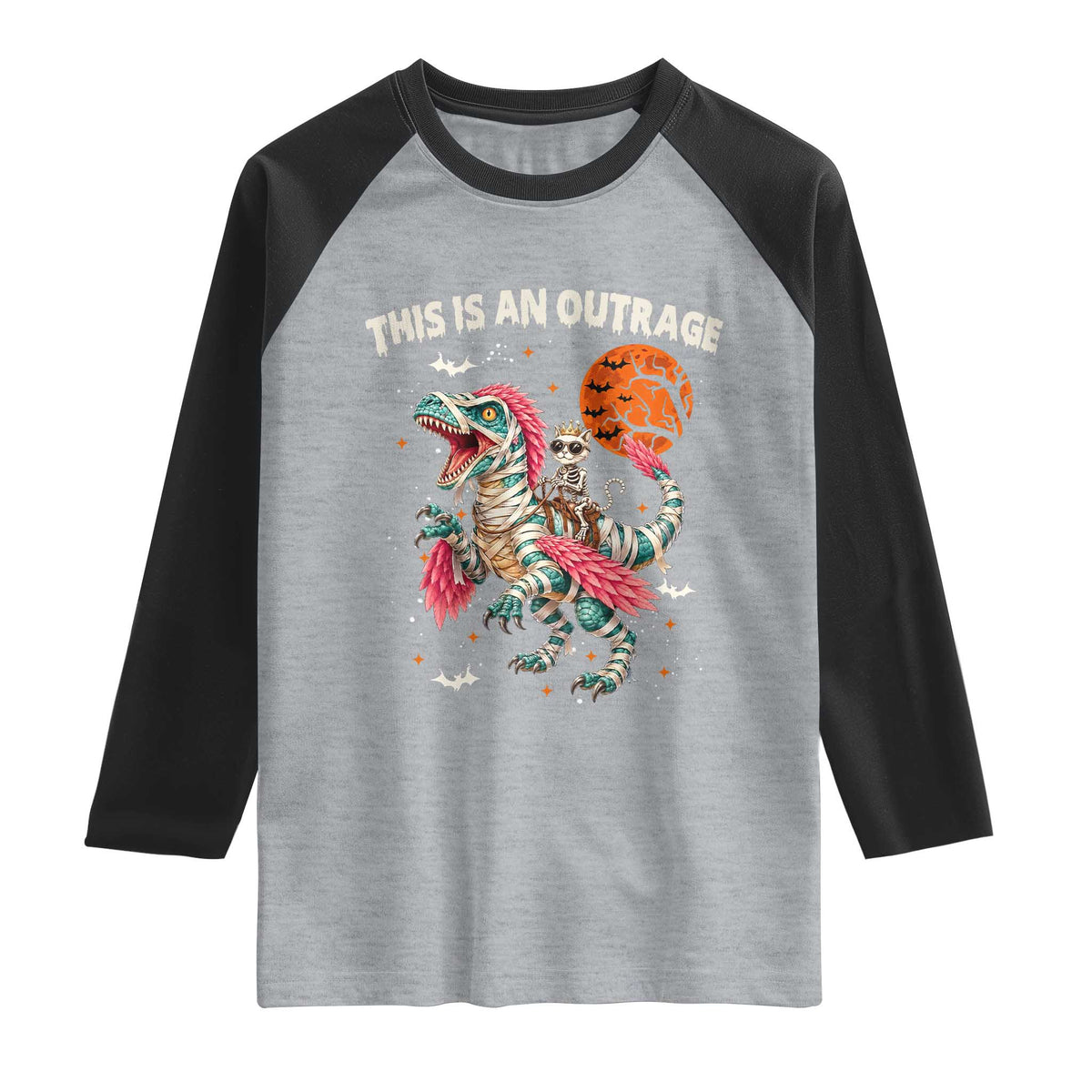 This Is An Outrage Raglan Shirt Funny Halloween Skeleton Princess Cat Riding Mummy Dinosaur