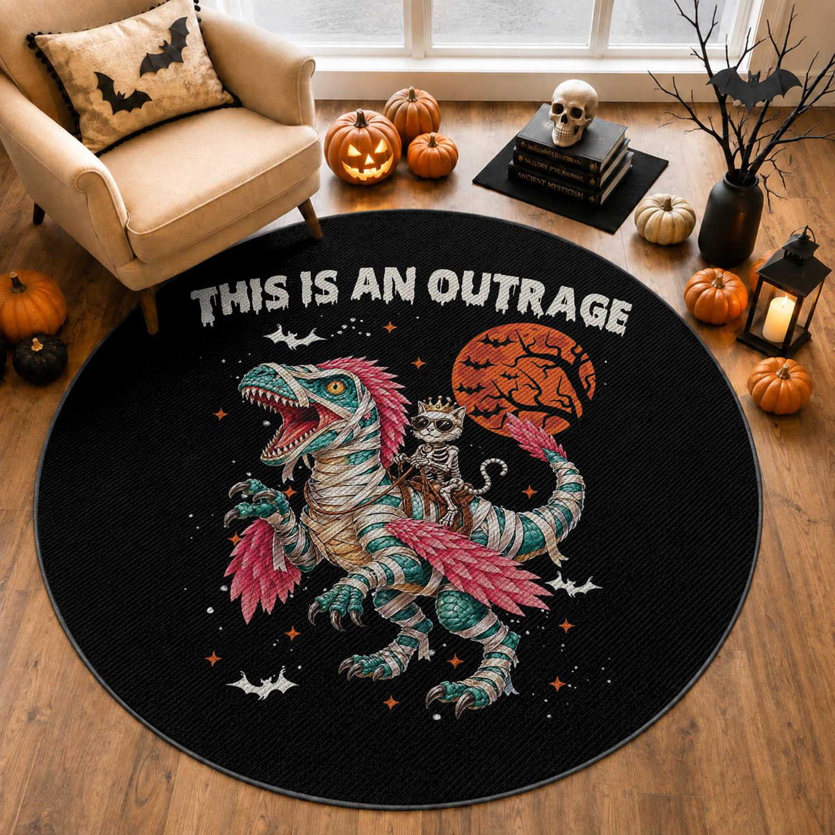 This Is An Outrage Round Rug Funny Halloween Skeleton Princess Cat Riding Mummy Dinosaur