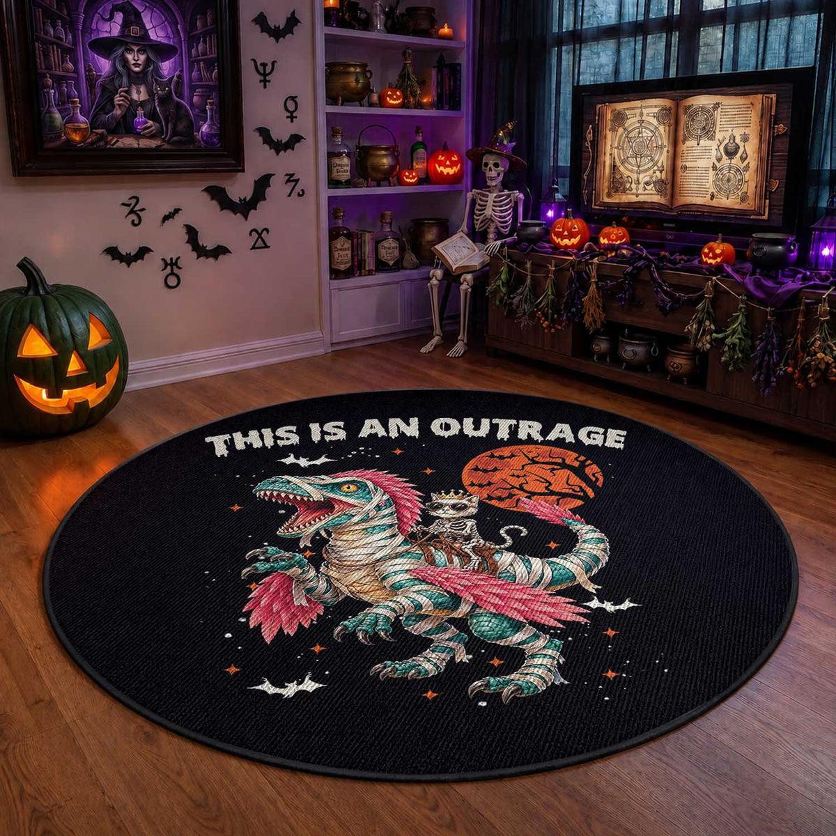 This Is An Outrage Round Rug Funny Halloween Skeleton Princess Cat Riding Mummy Dinosaur