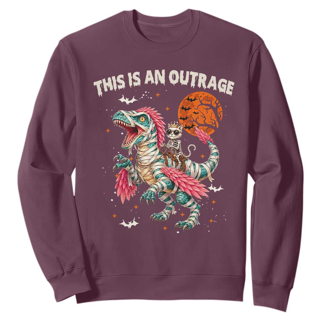 This Is An Outrage Sweatshirt Funny Halloween Skeleton Princess Cat Riding Mummy Dinosaur