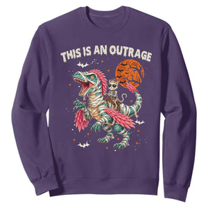 This Is An Outrage Sweatshirt Funny Halloween Skeleton Princess Cat Riding Mummy Dinosaur