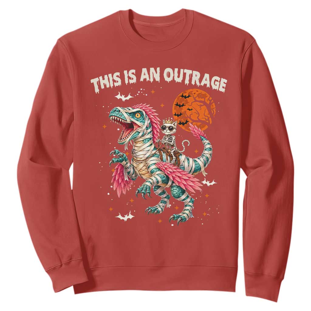 This Is An Outrage Sweatshirt Funny Halloween Skeleton Princess Cat Riding Mummy Dinosaur