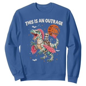 This Is An Outrage Sweatshirt Funny Halloween Skeleton Princess Cat Riding Mummy Dinosaur
