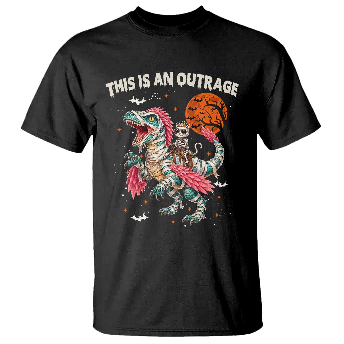 This Is An Outrage T Shirt Funny Halloween Skeleton Princess Cat Riding Mummy Dinosaur