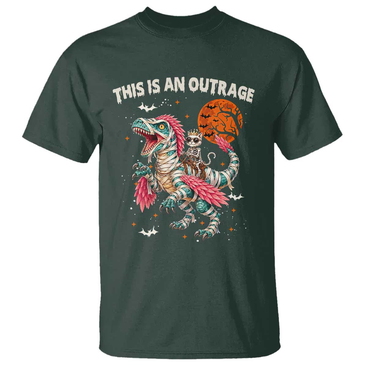 This Is An Outrage T Shirt Funny Halloween Skeleton Princess Cat Riding Mummy Dinosaur