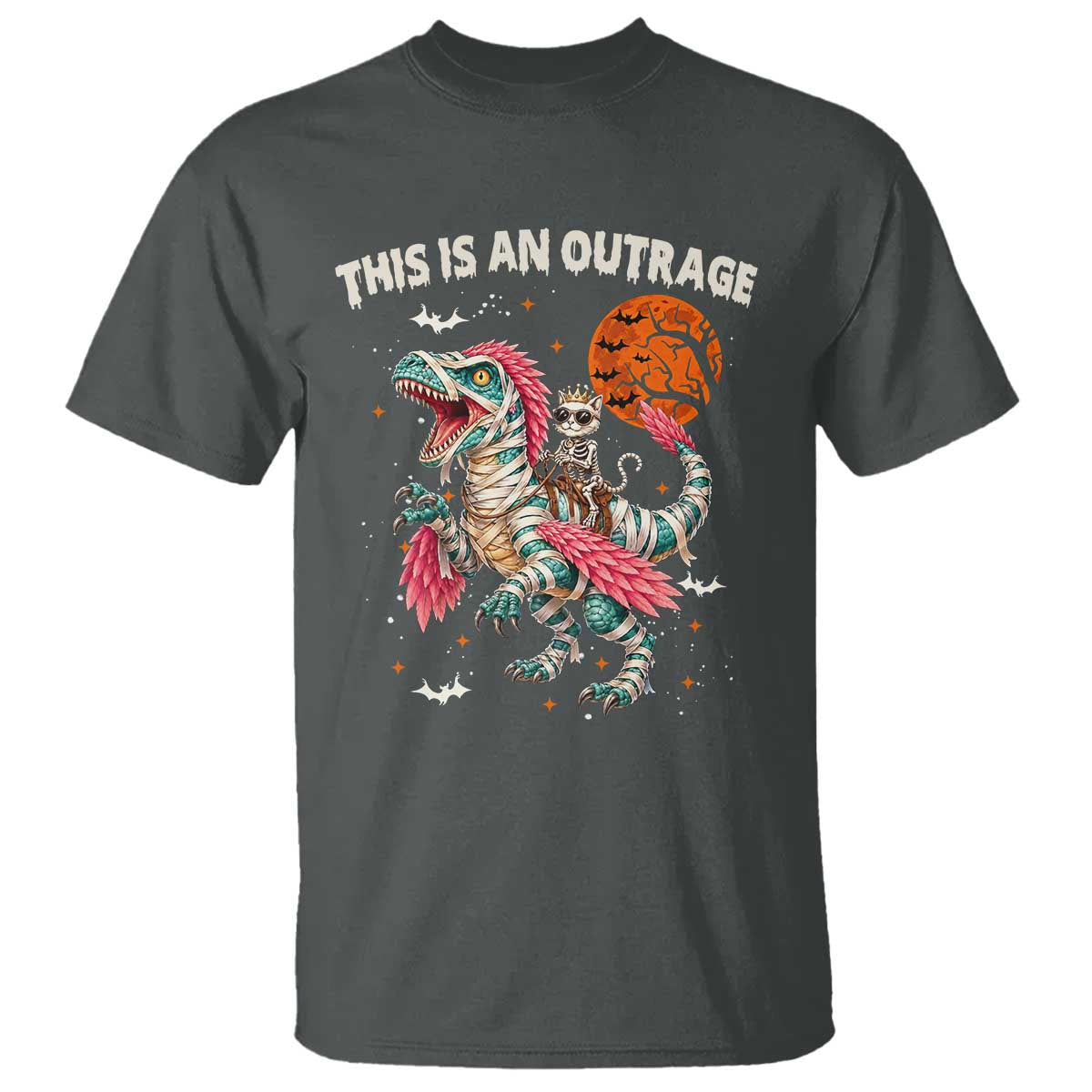 This Is An Outrage T Shirt Funny Halloween Skeleton Princess Cat Riding Mummy Dinosaur