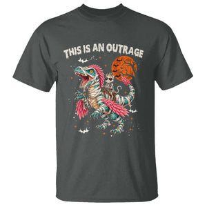 This Is An Outrage T Shirt Funny Halloween Skeleton Princess Cat Riding Mummy Dinosaur