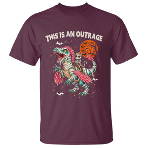 This Is An Outrage T Shirt Funny Halloween Skeleton Princess Cat Riding Mummy Dinosaur