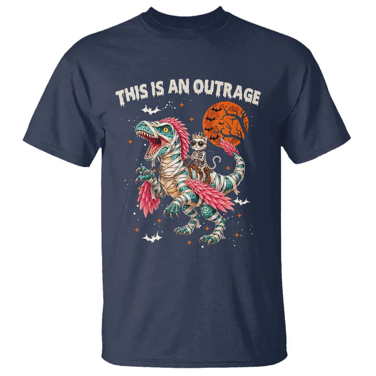 This Is An Outrage T Shirt Funny Halloween Skeleton Princess Cat Riding Mummy Dinosaur