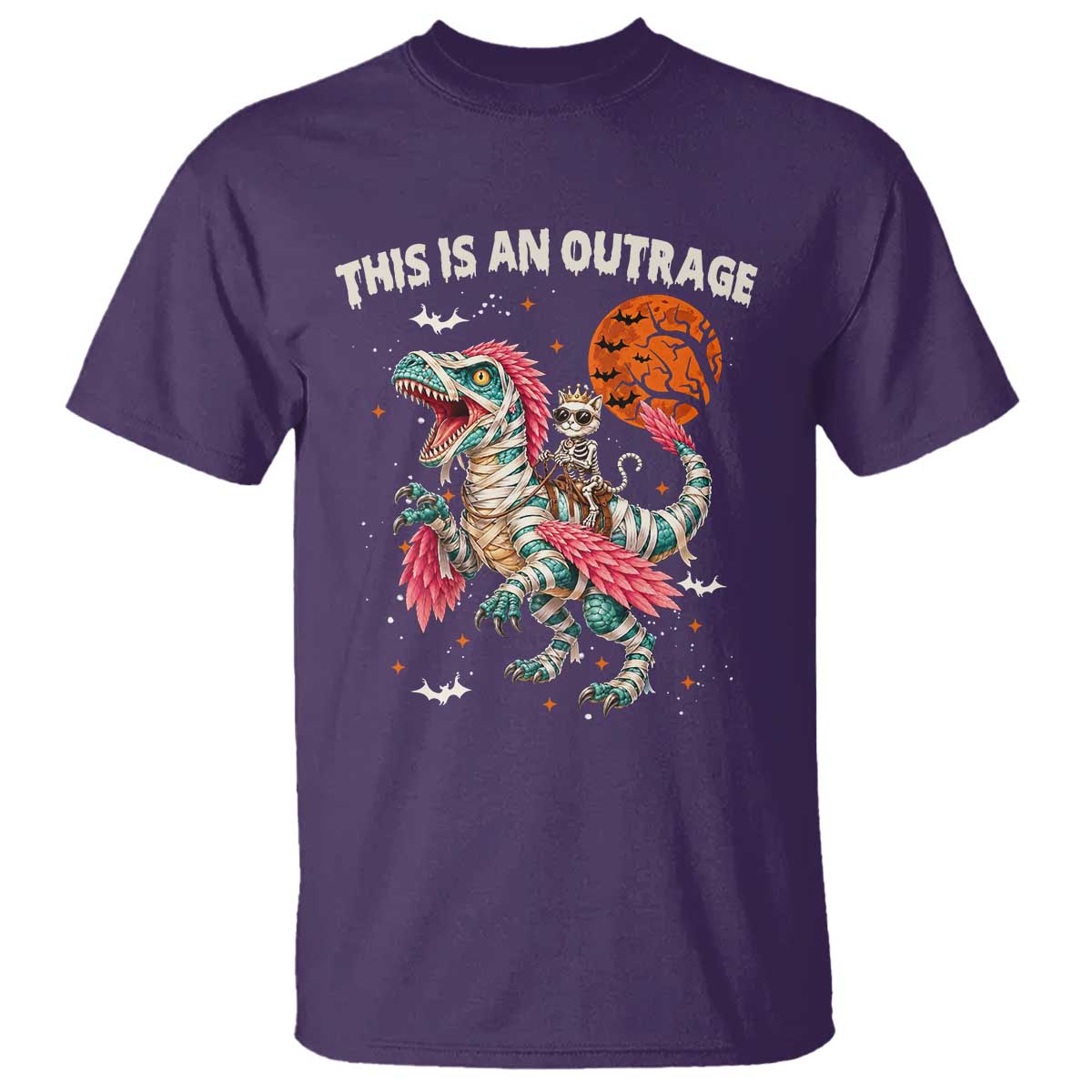 This Is An Outrage T Shirt Funny Halloween Skeleton Princess Cat Riding Mummy Dinosaur