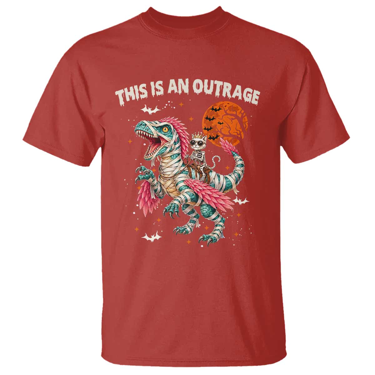 This Is An Outrage T Shirt Funny Halloween Skeleton Princess Cat Riding Mummy Dinosaur