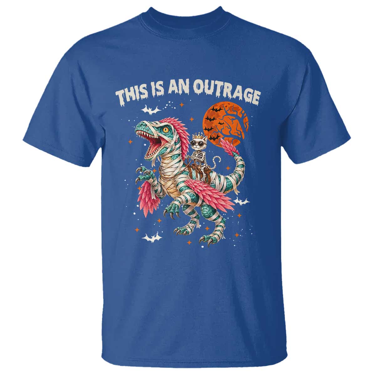 This Is An Outrage T Shirt Funny Halloween Skeleton Princess Cat Riding Mummy Dinosaur