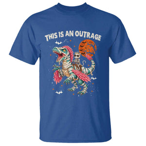 This Is An Outrage T Shirt Funny Halloween Skeleton Princess Cat Riding Mummy Dinosaur