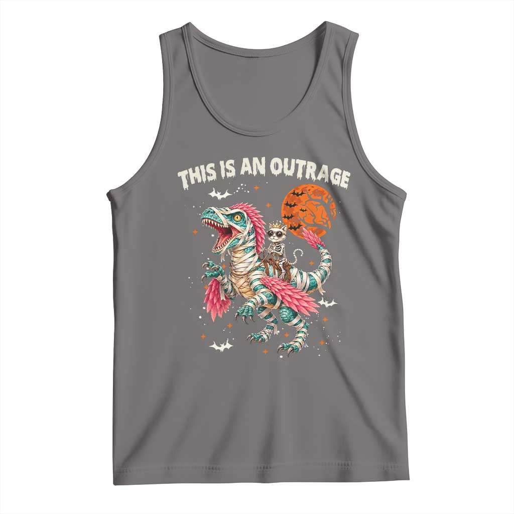 This Is An Outrage Tank Top Funny Halloween Skeleton Princess Cat Riding Mummy Dinosaur
