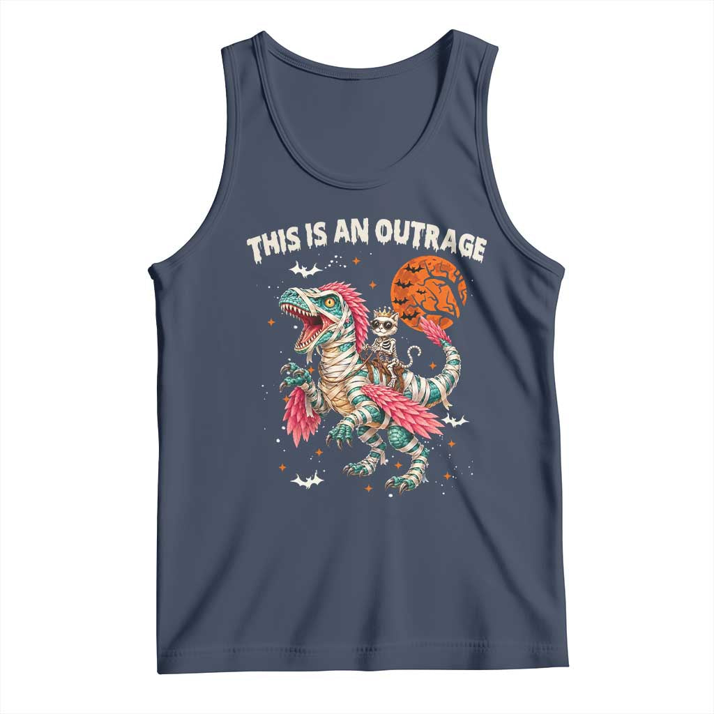 This Is An Outrage Tank Top Funny Halloween Skeleton Princess Cat Riding Mummy Dinosaur