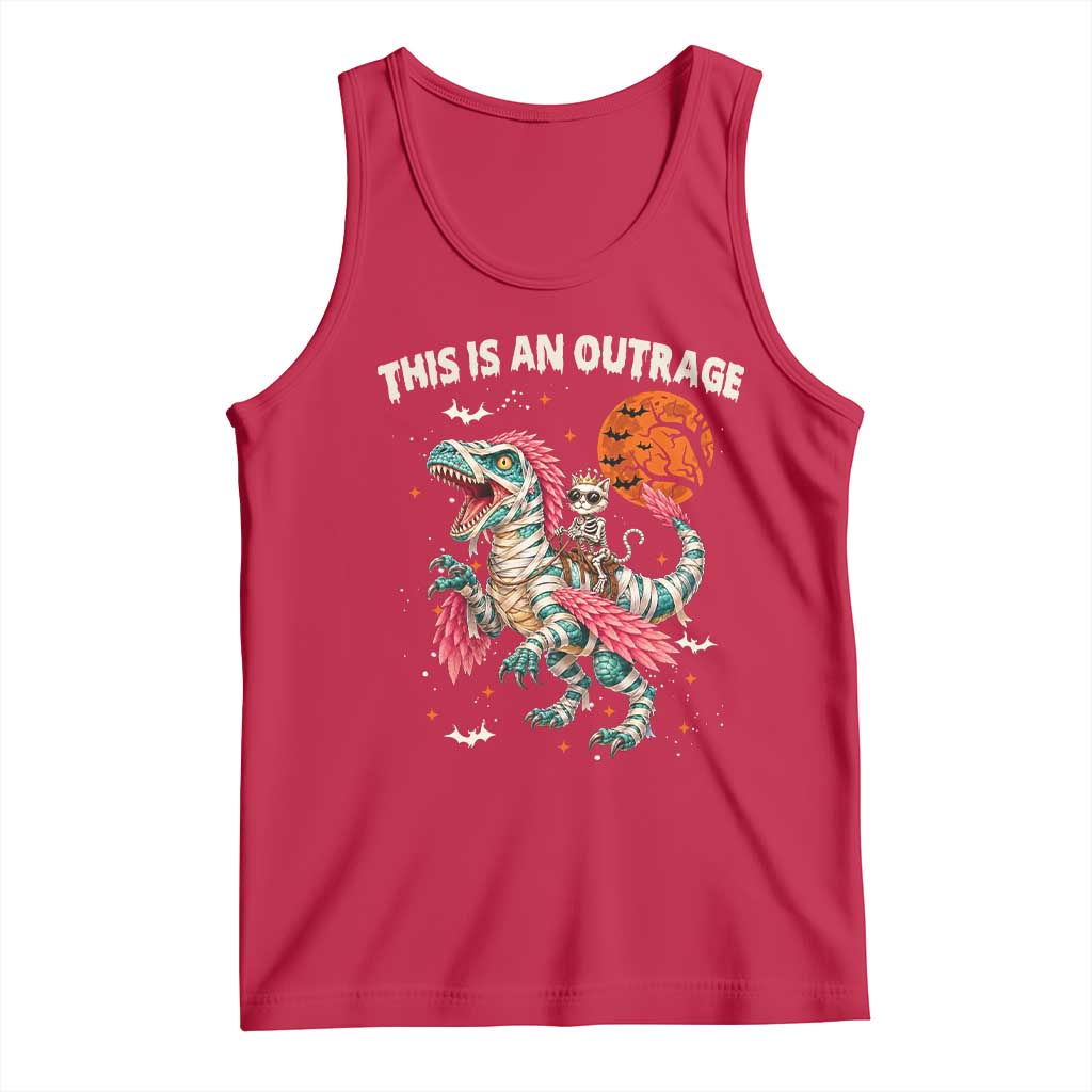 This Is An Outrage Tank Top Funny Halloween Skeleton Princess Cat Riding Mummy Dinosaur