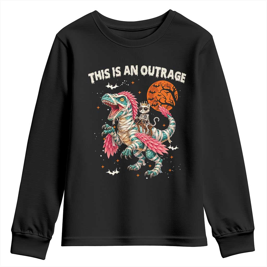 This Is An Outrage Youth Sweatshirt Funny Halloween Skeleton Princess Cat Riding Mummy Dinosaur