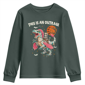 This Is An Outrage Youth Sweatshirt Funny Halloween Skeleton Princess Cat Riding Mummy Dinosaur