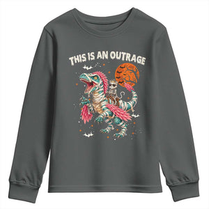 This Is An Outrage Youth Sweatshirt Funny Halloween Skeleton Princess Cat Riding Mummy Dinosaur