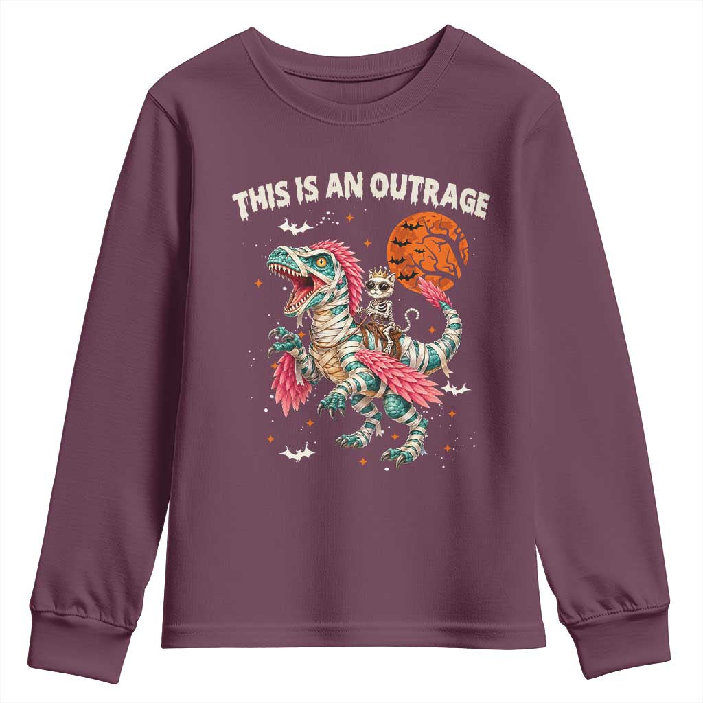 This Is An Outrage Youth Sweatshirt Funny Halloween Skeleton Princess Cat Riding Mummy Dinosaur