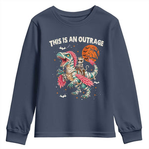 This Is An Outrage Youth Sweatshirt Funny Halloween Skeleton Princess Cat Riding Mummy Dinosaur