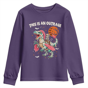 This Is An Outrage Youth Sweatshirt Funny Halloween Skeleton Princess Cat Riding Mummy Dinosaur