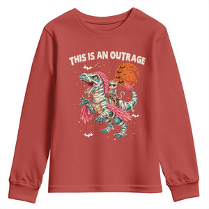 This Is An Outrage Youth Sweatshirt Funny Halloween Skeleton Princess Cat Riding Mummy Dinosaur