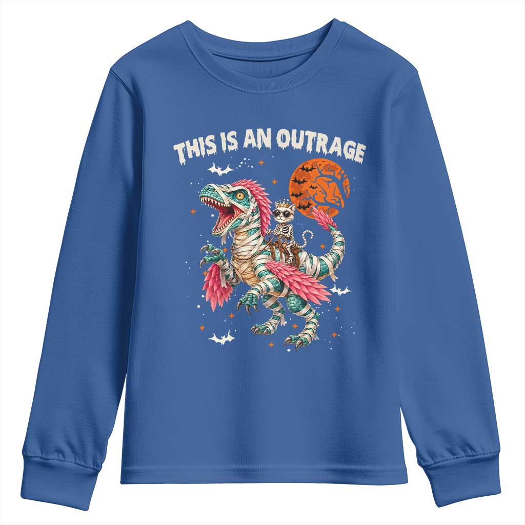 This Is An Outrage Youth Sweatshirt Funny Halloween Skeleton Princess Cat Riding Mummy Dinosaur