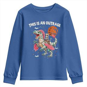 This Is An Outrage Youth Sweatshirt Funny Halloween Skeleton Princess Cat Riding Mummy Dinosaur