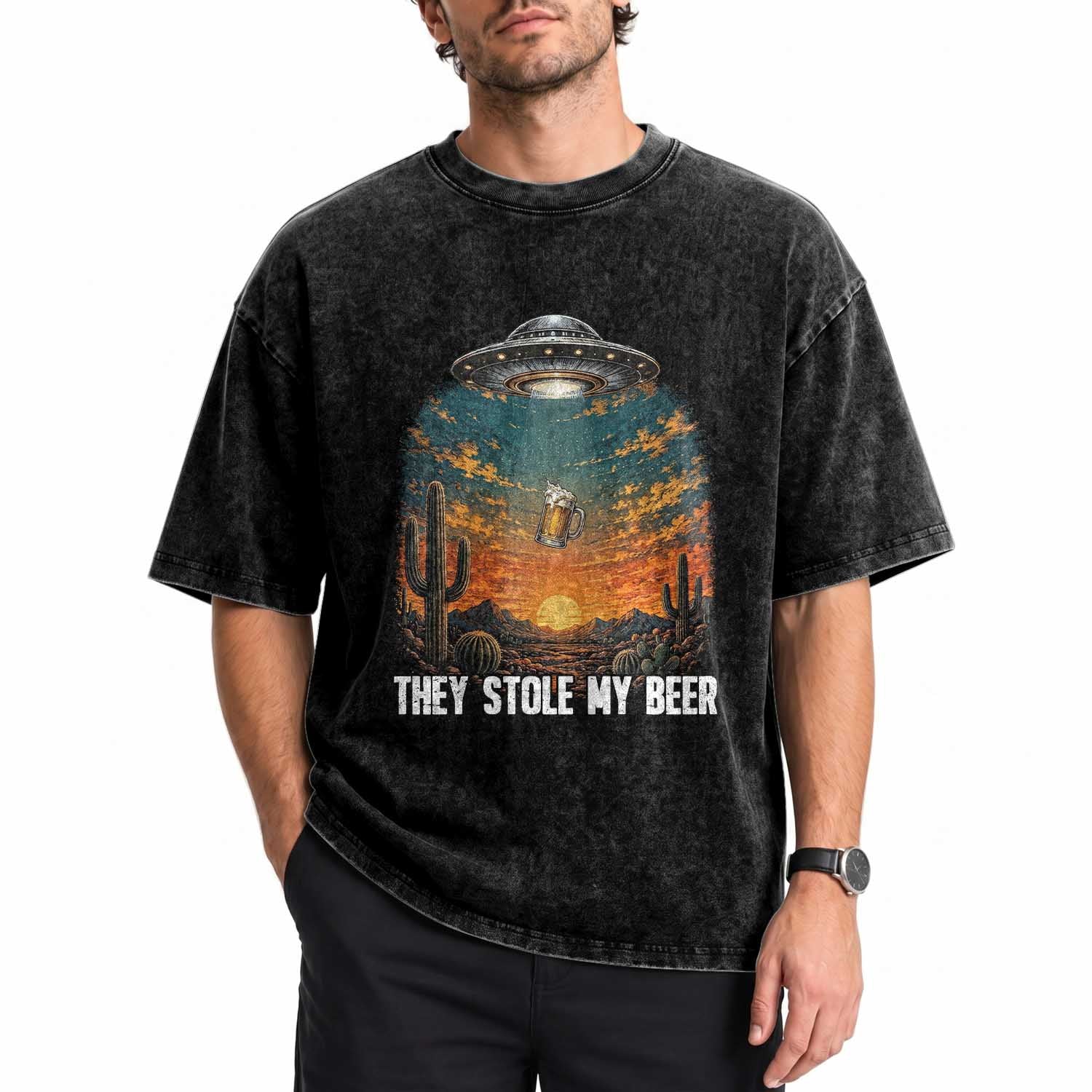 They Stole My Beer Washed Cotton T-Shirt Funny UFO Abducting Beer Mug Vintage Western Gift