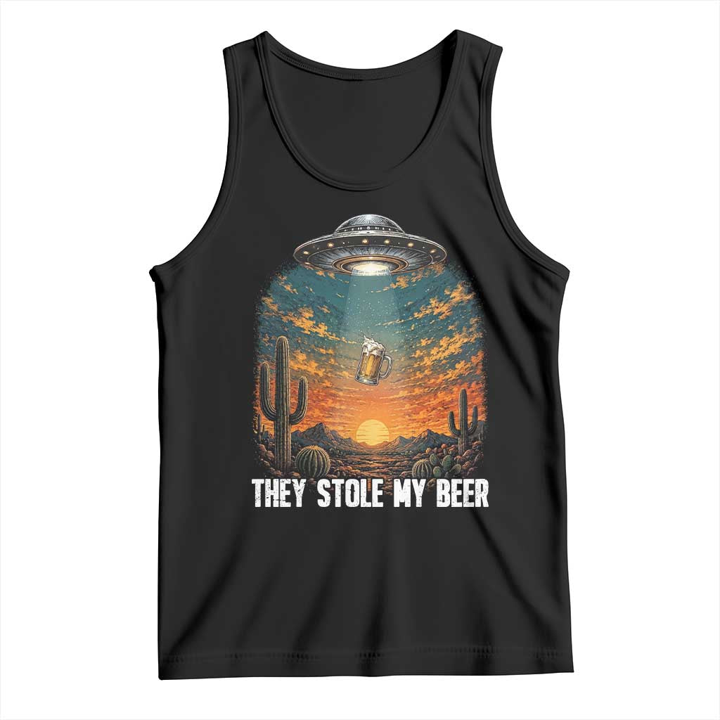 They Stole My Beer Tank Top Funny UFO Abducting Beer Mug Vintage Western Gift TS12 Black Print Your Wear
