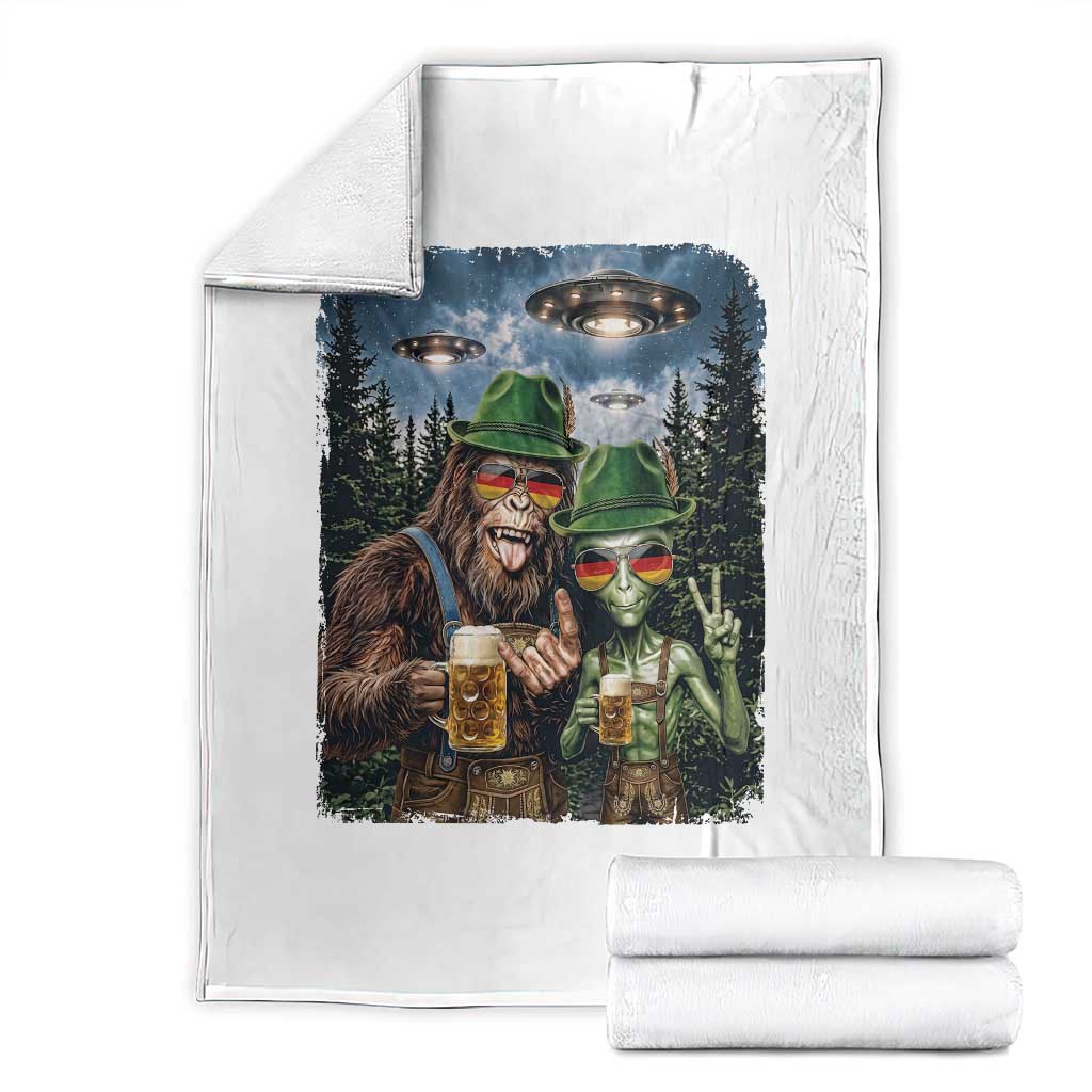 Funny Bigfoot Alien Oktoberfest Throw Blanket Selfie Beer Party German Lederhosen UFO Gift TS12 White Print Your Wear