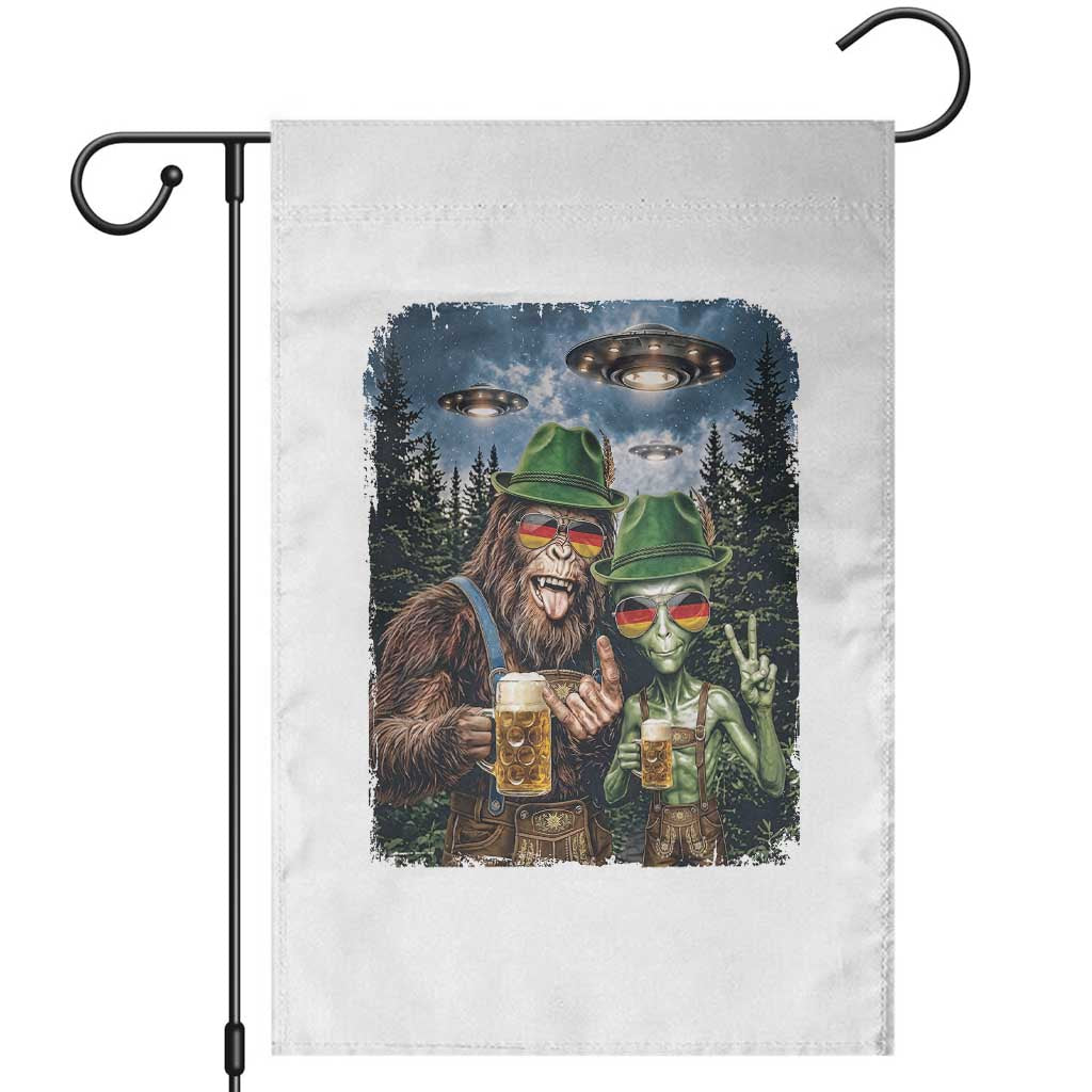 Funny Bigfoot Alien Oktoberfest Garden Flag Selfie Beer Party German Lederhosen UFO Gift TS12 White Print Your Wear