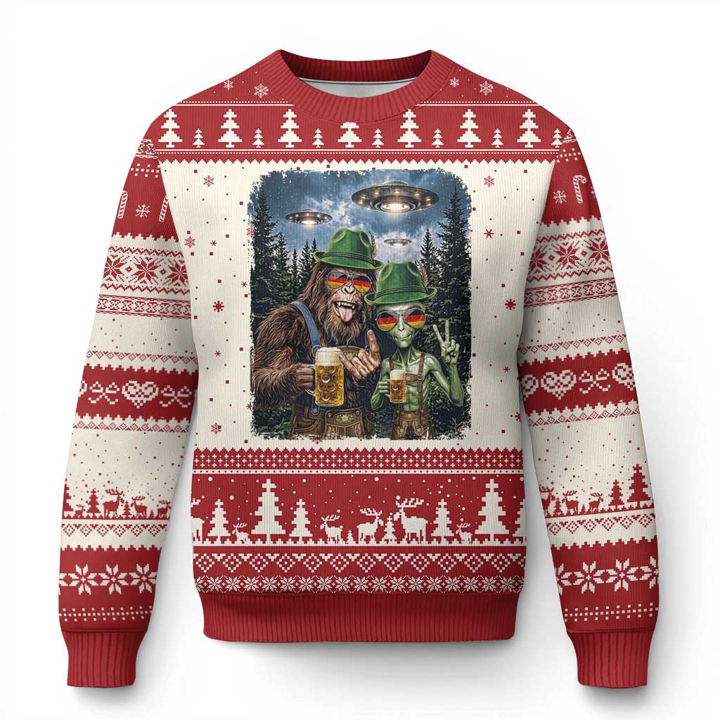 Funny Bigfoot Alien Oktoberfest Ugly Christmas Sweater Selfie Beer Party German Lederhosen UFO Gift TS12 Beige Red Print Your Wear