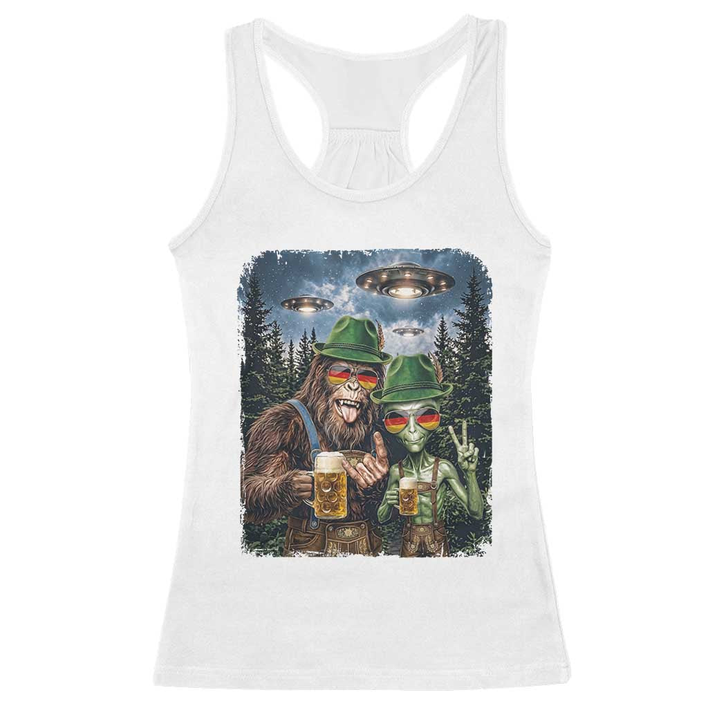 Funny Bigfoot Alien Oktoberfest Racerback Tank Top Selfie Beer Party German Lederhosen UFO Gift TS12 White Print Your Wear