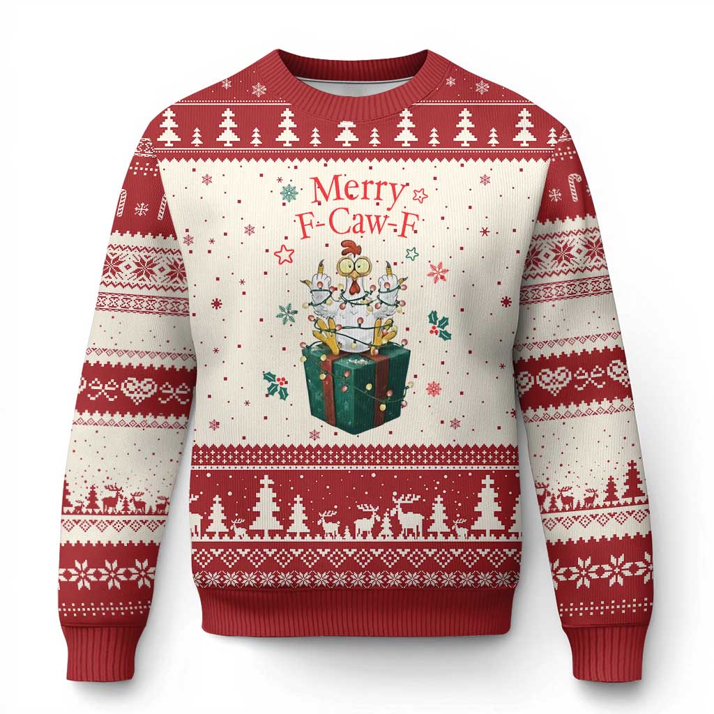 Merry F-Caw-F Chicken Ugly Christmas Sweater Funny Xmas Gift TS12 Beige Red Print Your Wear
