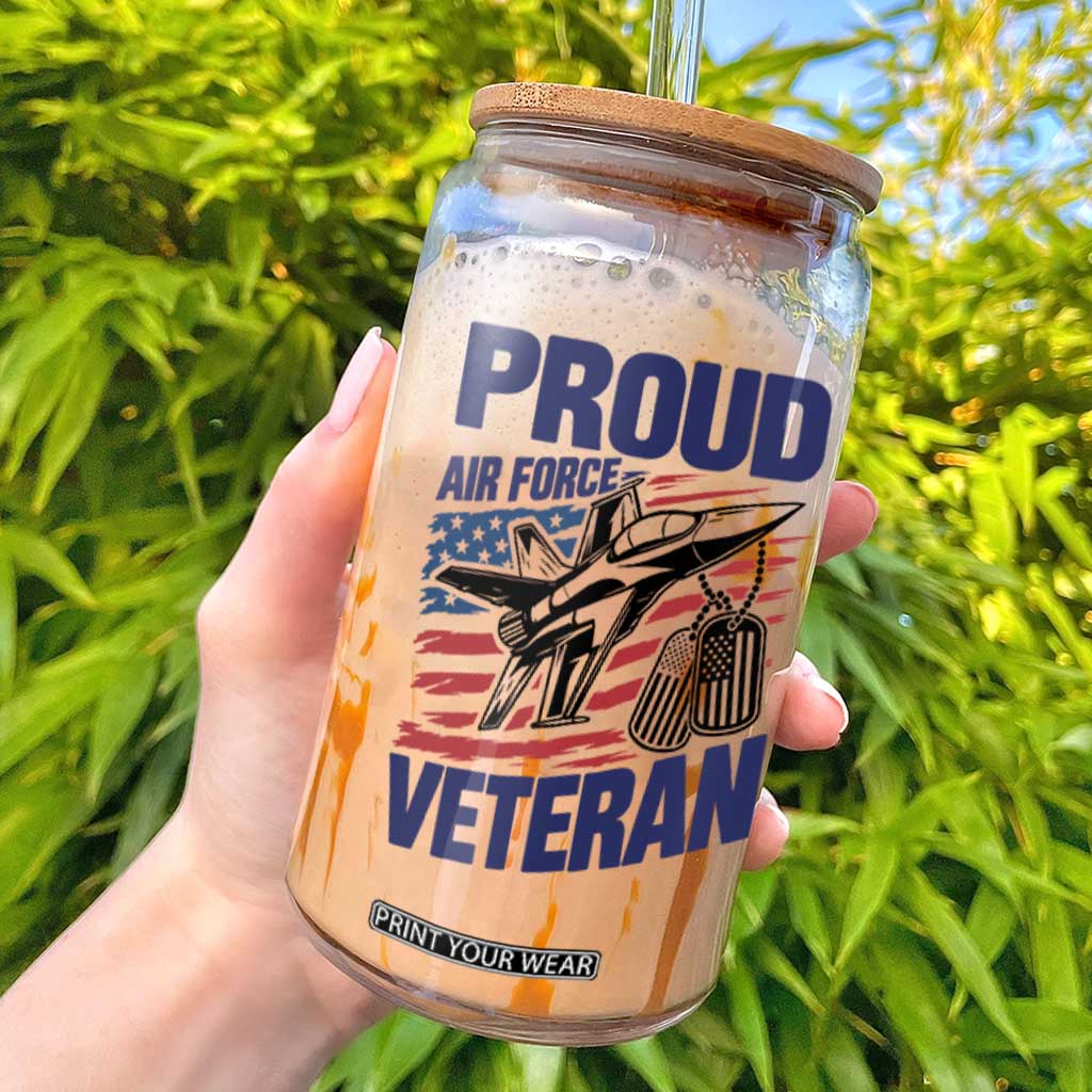 Proud Air Force Veteran Glass Can Fighter Jet American Flag Military Aviation